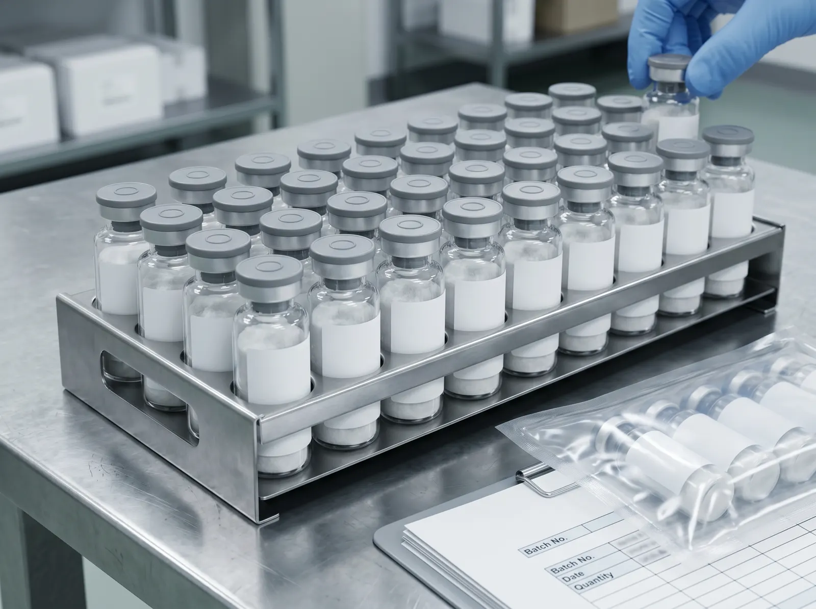 Labeled lyophilized peptide vials arranged in a research supply rack