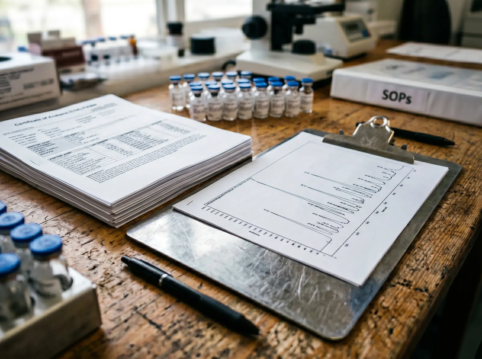 Batch documentation packet and chromatogram paperwork laid out on a supply desk