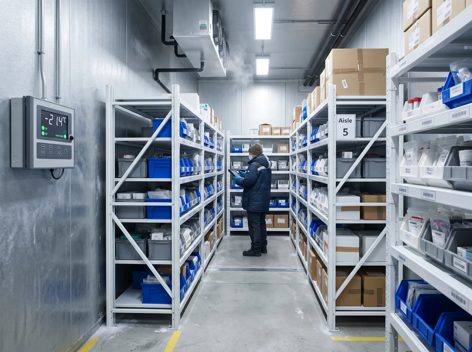 Cold storage inventory area holding longevity and cellular research peptide stock