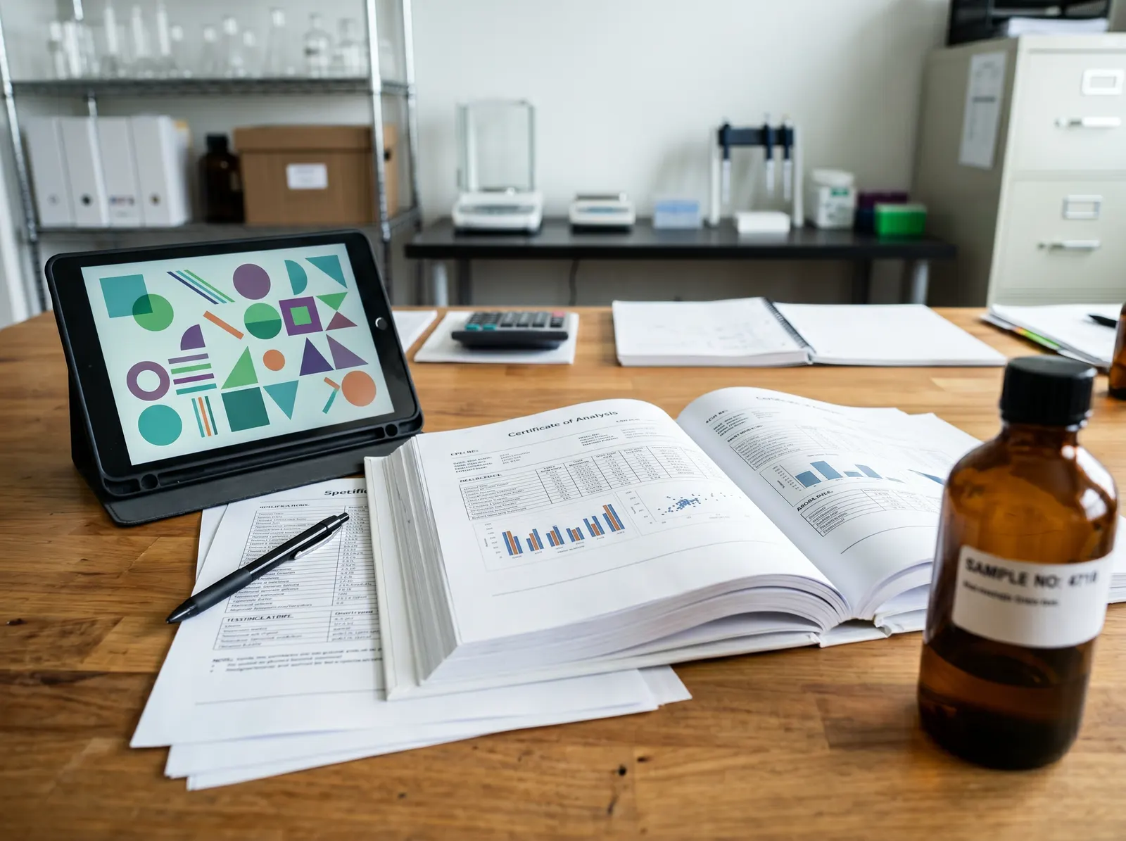 Documentation review desk with COA, batch records, and chromatograms