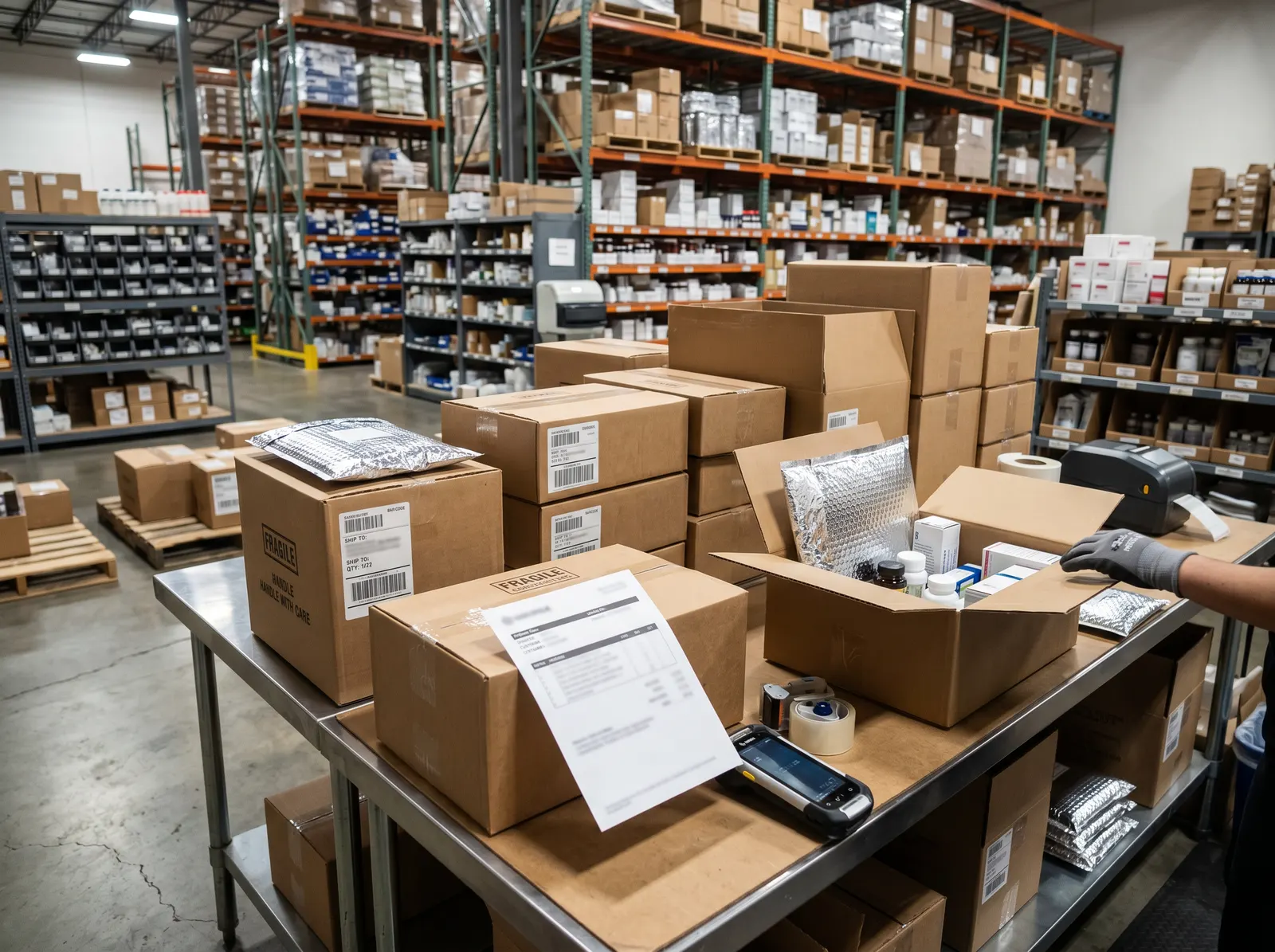 Fulfillment staging area with distributor cases queued