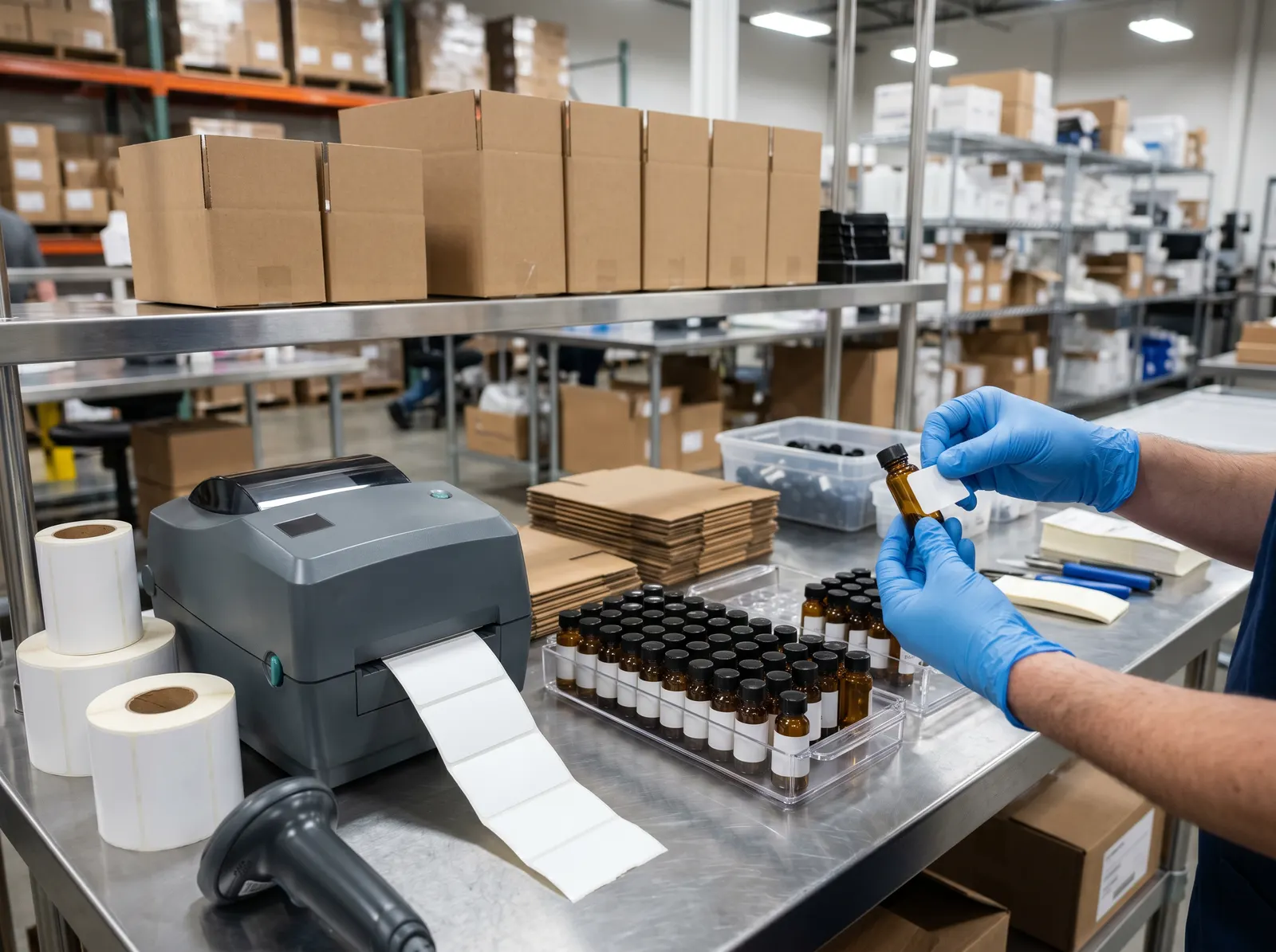 Labeling and kitting station preparing private label blend kits