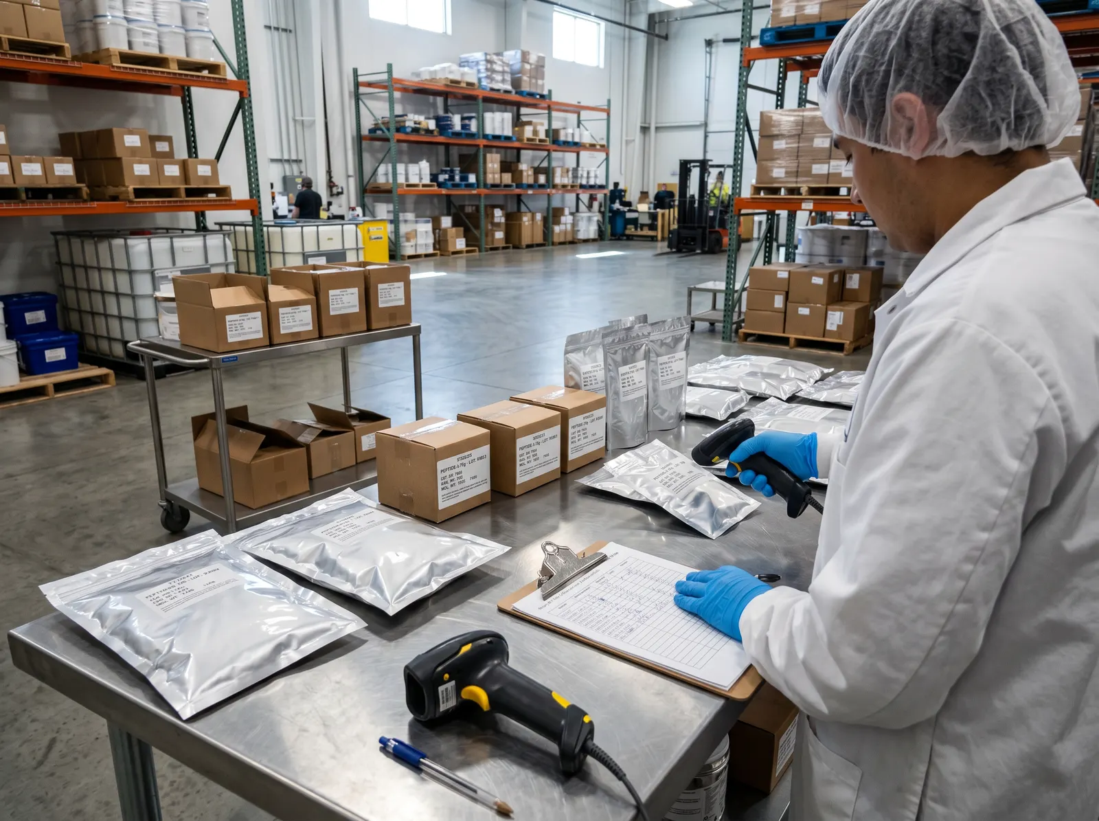Raw material receiving area where recovery and repair peptide shipments are checked in